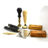 Two snuff boxes, a scout whistle, pastry marker, penknife, bone seal, two sewing items and a