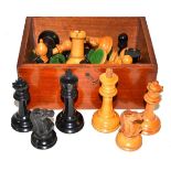 Chess set in mahogany box (some pieces stamped Jacques), king 10cm high