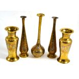 A pair of brass Cairo ware baluster vases 20cm high; a pair of similar specimen vases, 26.5cm high