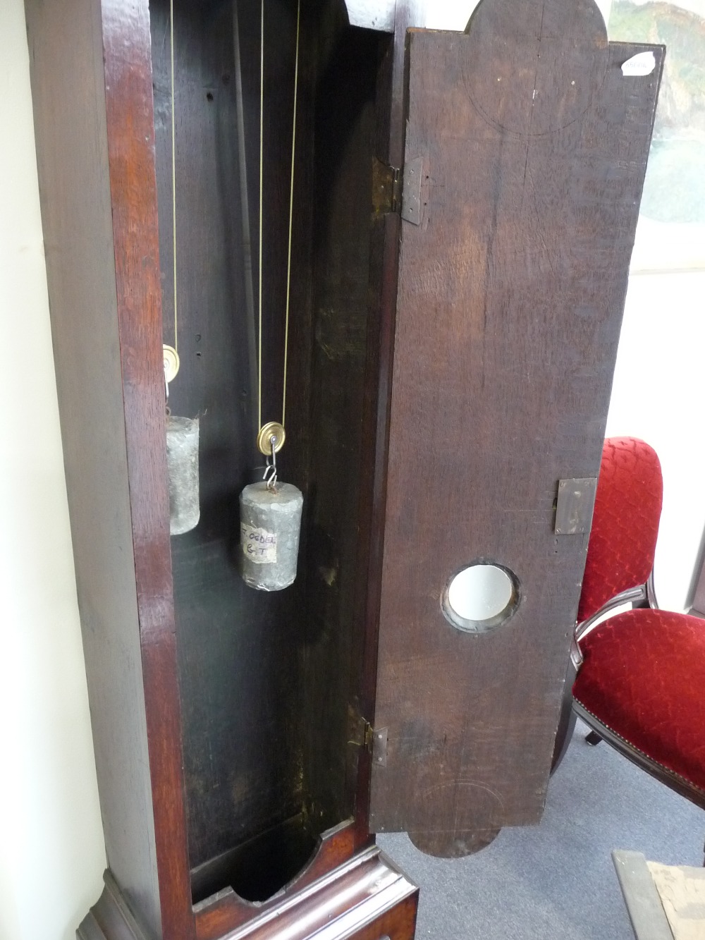 An oak eight day longcase clock, caddied pediment, double D-ended moulded trunk door, glazed - Image 9 of 10