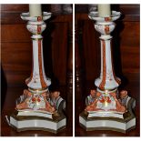 Pair of possibly Derby candlesticks mounted as table lamps, 56cm high (including fitment)