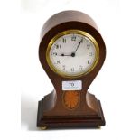 An Edwardian mahogany inlaid balloon mantel timepiece, enamel dial with Arabic numerals, single