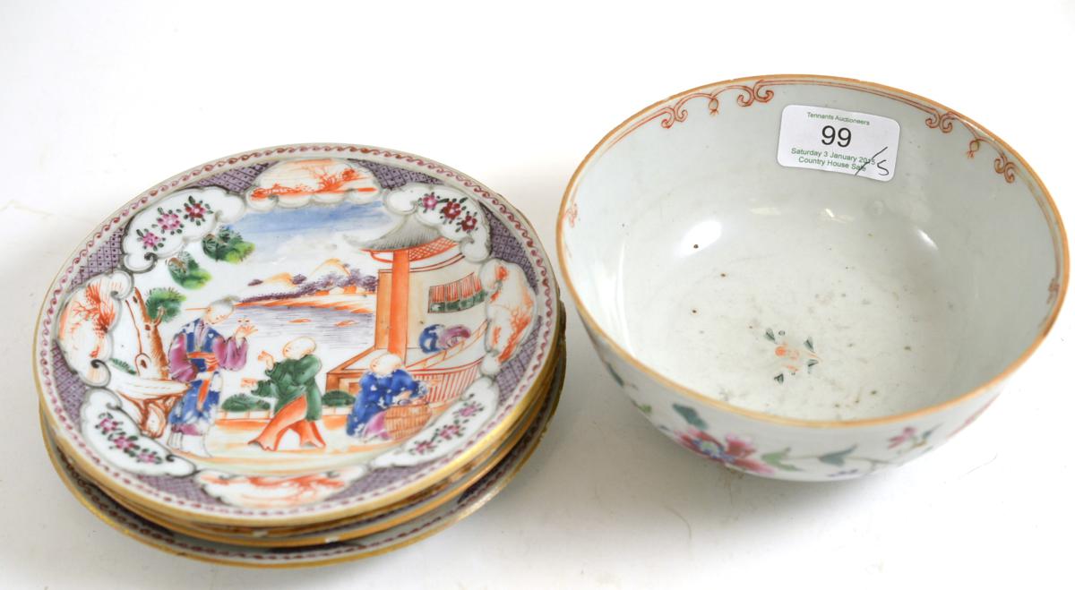 Three Mandarin palette dishes, another and a small famille rose bowl (5)