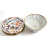 Three Mandarin palette dishes, another and a small famille rose bowl (5)