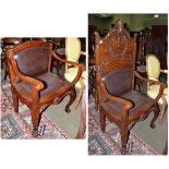 A Victorian carved oak armchair with folding back support, probably a Judge's circuit chair