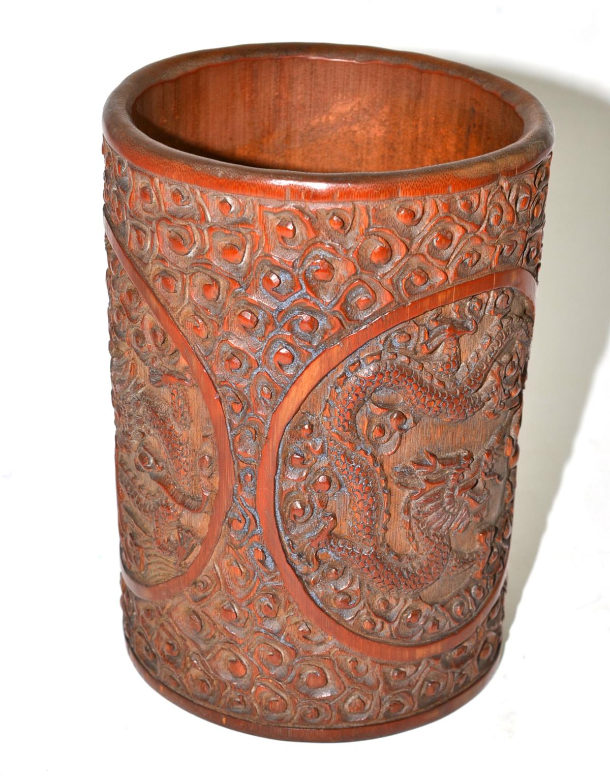 A Chinese bamboo brush pot, 18cm high