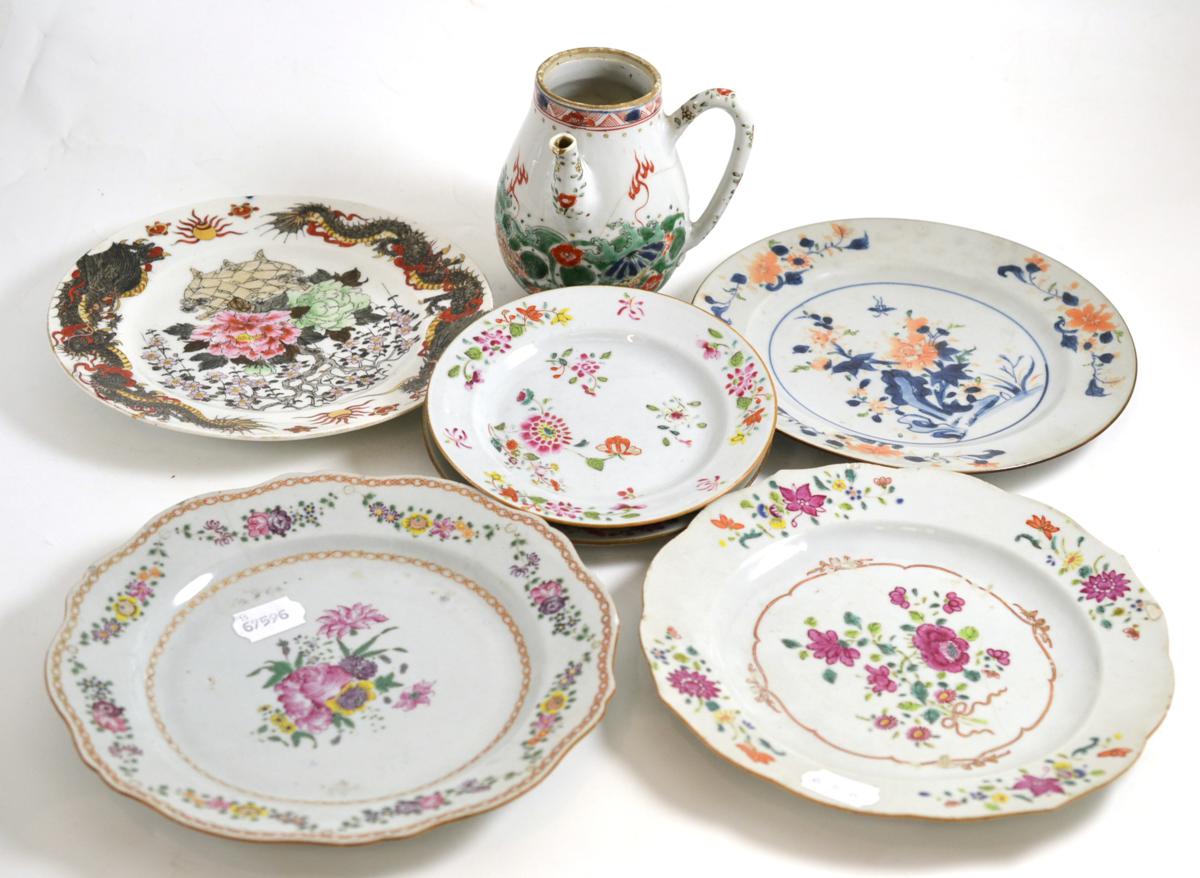 Five famille rose plates (a.f.), a Japanese plate and a Kangxi famille verte coffee pot (a.f.) (7)