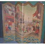 A four-leaf folding screen depicting a Medieval scene of Venice with soldiers on horseback
