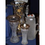 Large French gilt glass vase, circa 1900, ice-glass water jug and two silver mounted cut glass vases