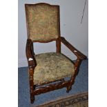 ^ Italian walnut open armchair with floral needlework upholstery and a carved walnut uplighter