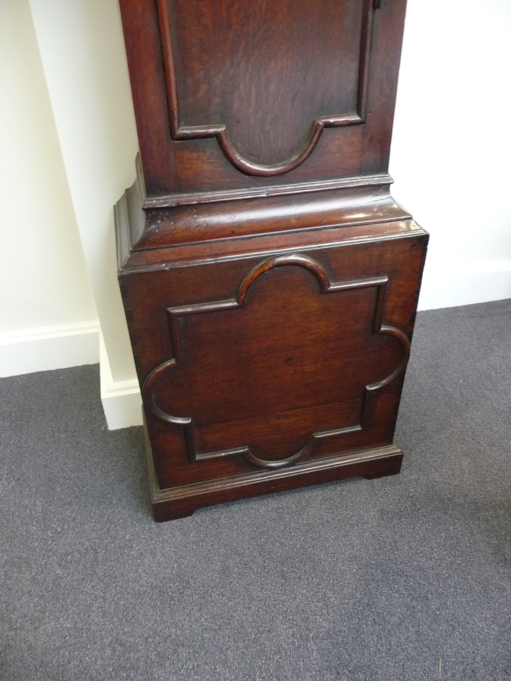 An oak eight day longcase clock, caddied pediment, double D-ended moulded trunk door, glazed - Image 8 of 10