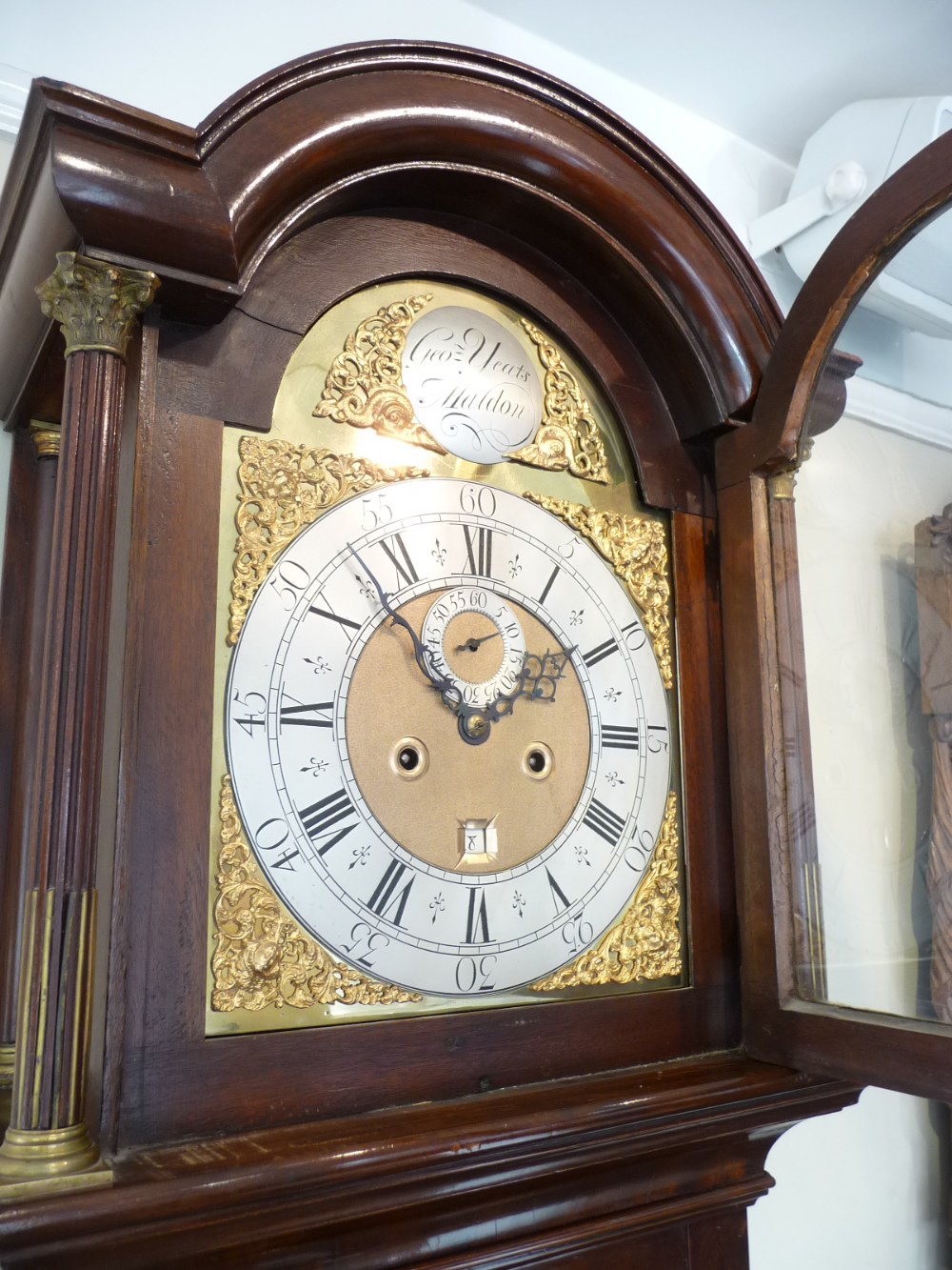 A mahogany eight day longcase clock, arched hood, Corinthian stop fluted columns, 12-inch arched - Image 8 of 9