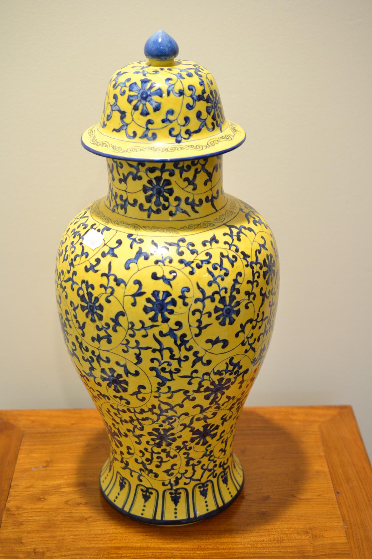 # A pair of modern yellow ground Chinese vases, 37cm high and a similar pair with lids, 57cm high - Image 4 of 5