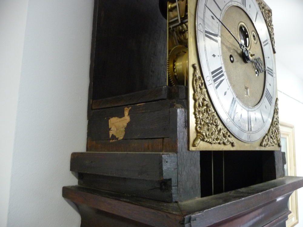 An oak eight day longcase clock, caddied pediment, double D-ended moulded trunk door, glazed - Image 3 of 10