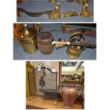Two copper coal scuttles, brass bound bucket, fire irons, brass fender, fireguard, etc