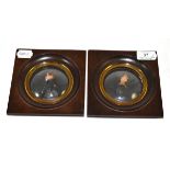 Pair of Italian wax miniature portraits of a young gentleman and woman, in fruitwood frames with