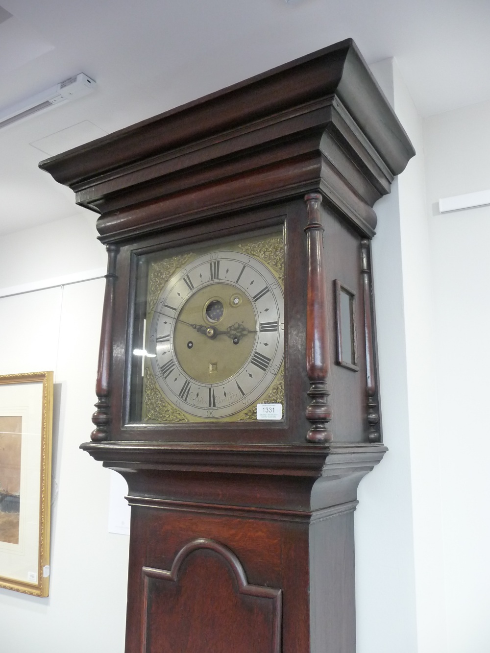 An oak eight day longcase clock, caddied pediment, double D-ended moulded trunk door, glazed - Image 10 of 10