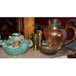 A copper and brass teapot/hot water vessel, height 60cm, five assorted brass shell cases, three