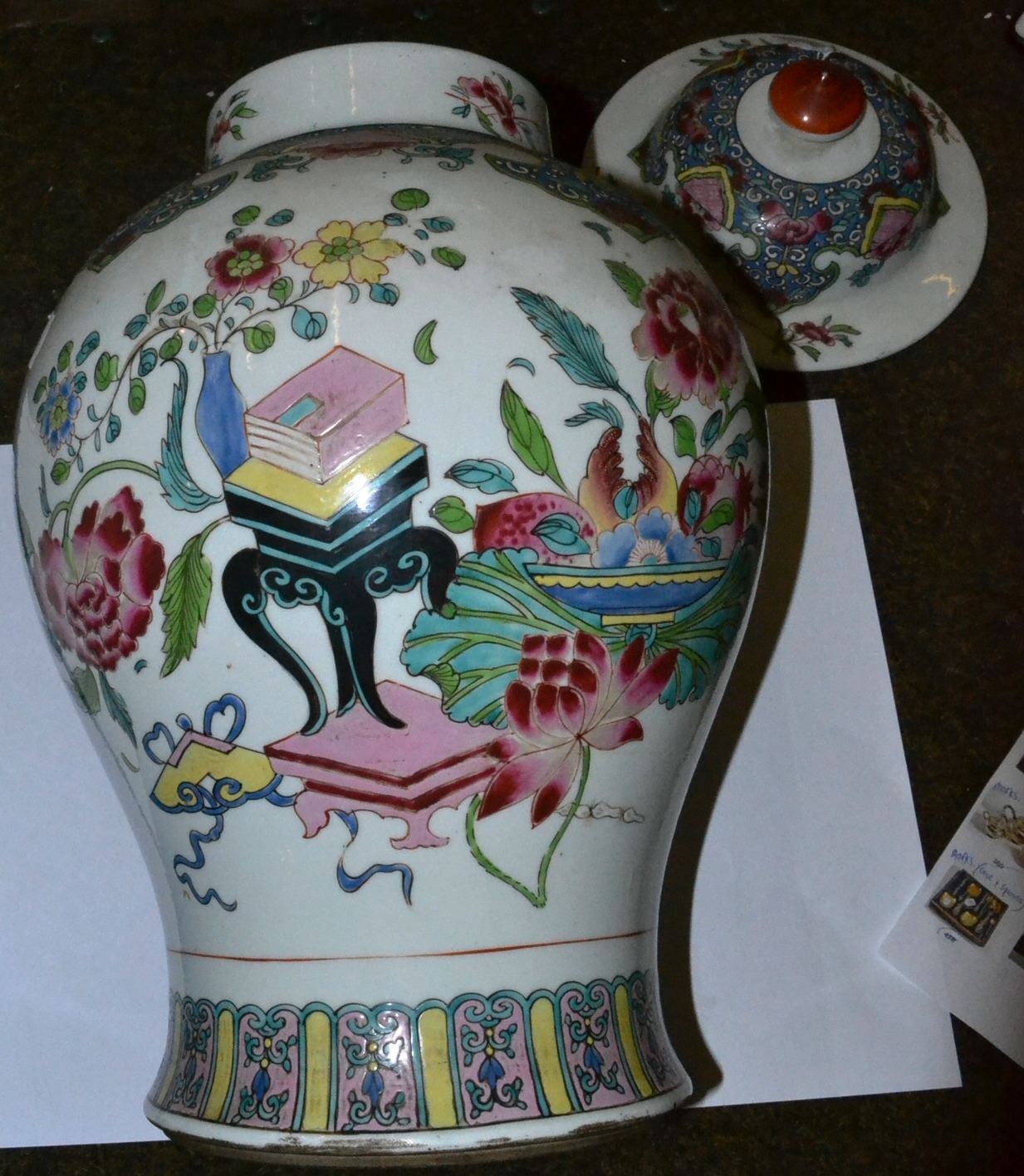 A large Chinese famille rose porcelain baluster vase and cover painted with precious objects and - Image 5 of 5
