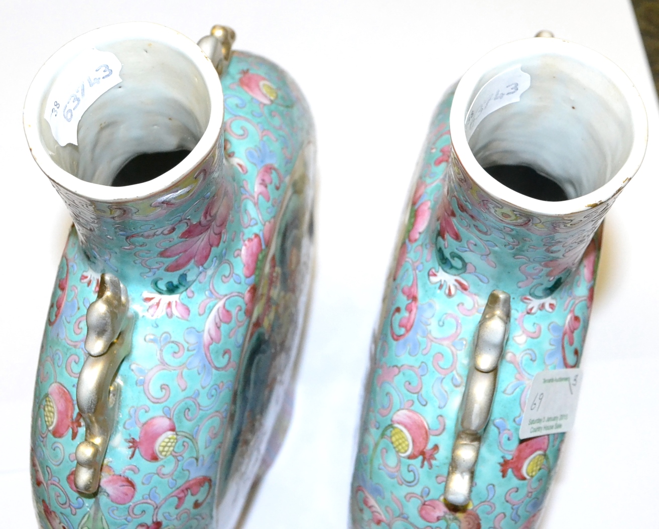 A pair of Chinese famille rose moon flask vases, height 31cm together with a Chinese polychrome - Image 2 of 5