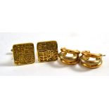 A pair of three colour hoop earrings, post fittings for pierced ears, and a pair of cufflinks,