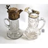 Two silver plated cut glass claret jugs, 30cm and 24cm high