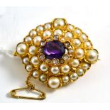 An amethyst, diamond and split pearl brooch, of lozenge form, in yellow crimped settings, measures