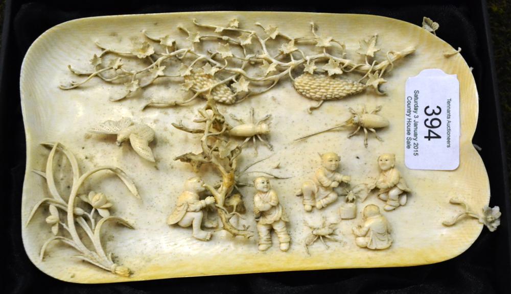 Late 19th century Chinese ivory plaque carved with figures and insects (a.f.), 18cm wide - Image 4 of 11