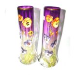 A pair of Moser glass vases richly enamelled with pansies