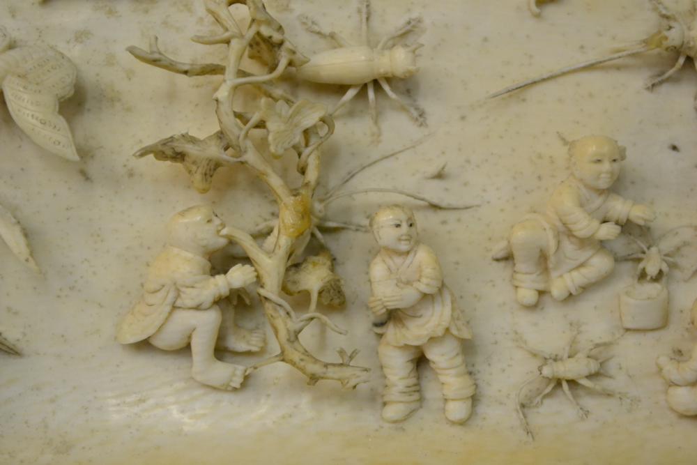 Late 19th century Chinese ivory plaque carved with figures and insects (a.f.), 18cm wide - Image 5 of 11
