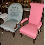 Victorian armchair, later recovered in green and a Victorian open armchair recovered in pink fabric