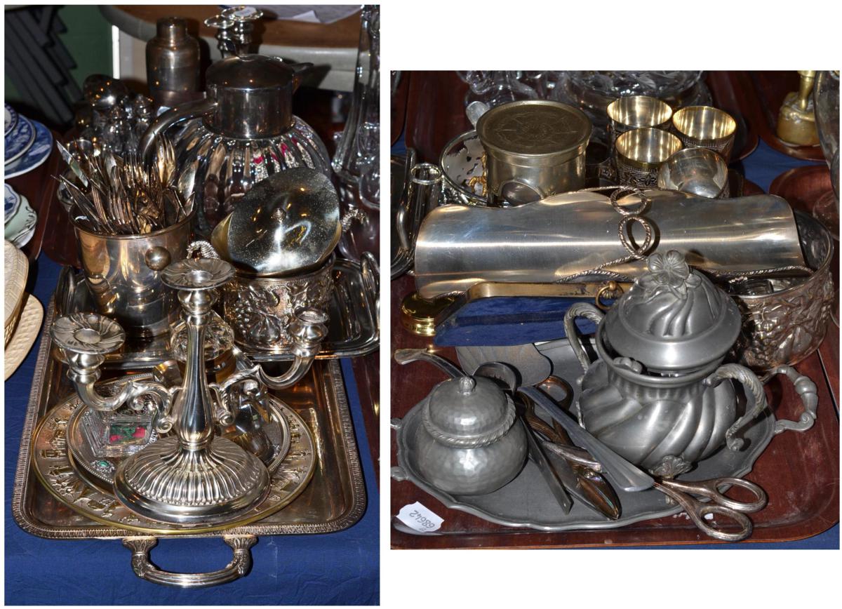 ^ Three trays of assorted silver plate including lemonade jug, fish cutlery and a pair of three