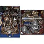 ^ Three trays of assorted silver plate including lemonade jug, fish cutlery and a pair of three