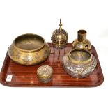 A Cairo ware brass incense burner and cover, 20cm, a Cairo ware brass vase shape incense burner,