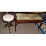 Edwardian duet stool, a Victorian rosewood revolving piano stool and a quantity of sheet music