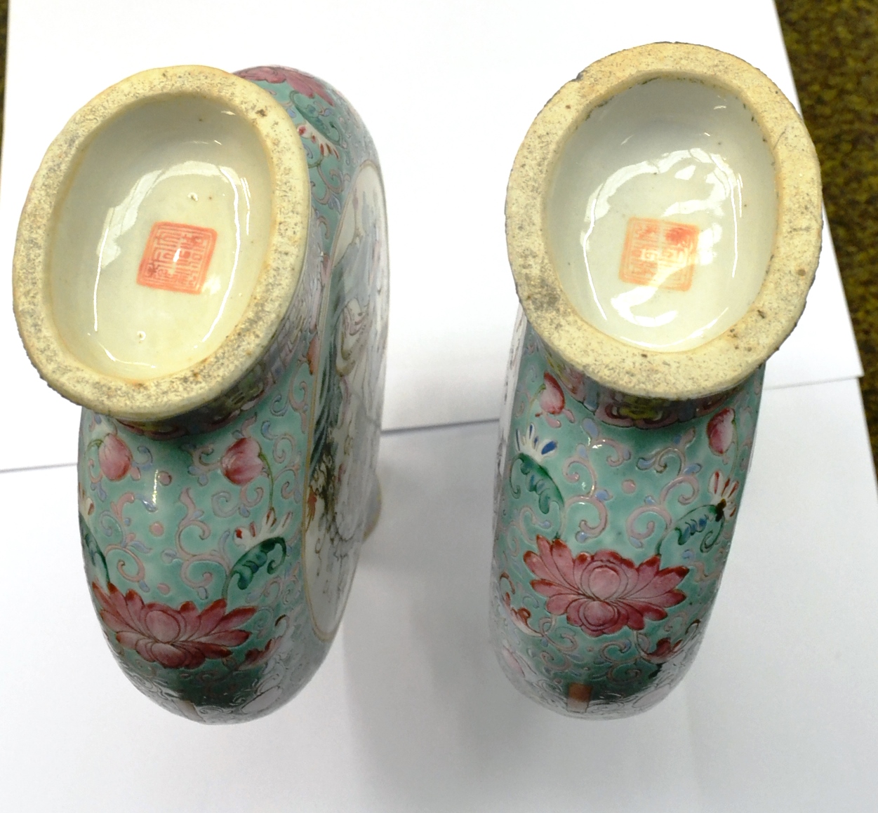 A pair of Chinese famille rose moon flask vases, height 31cm together with a Chinese polychrome - Image 3 of 5