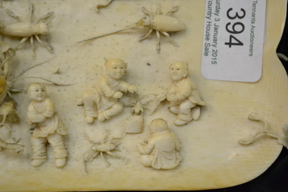 Late 19th century Chinese ivory plaque carved with figures and insects (a.f.), 18cm wide - Image 7 of 11
