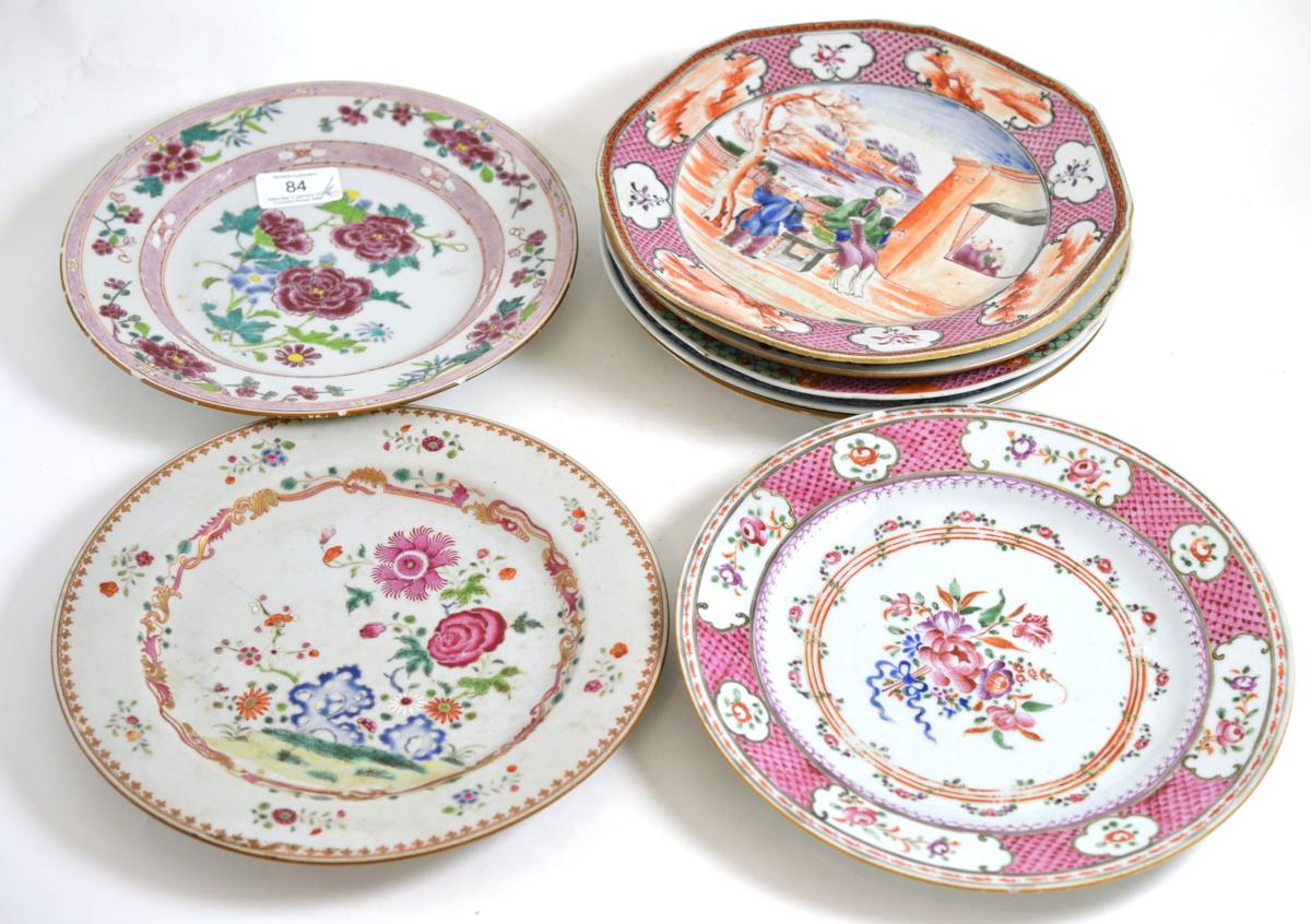 Six Chinese famille rose plates and two Chinese export plates