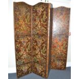 Late 19th/early 20th century embossed on leather four-leaf dressing screen with black japanned