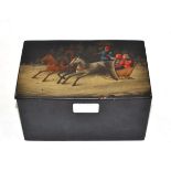 A 19th century Russian lacquer tea caddy, the hinged cover painted with a troika in a winter