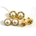 Three pairs of earrings, including a pair of 18ct gold mabe pearl and diamond earrings, total