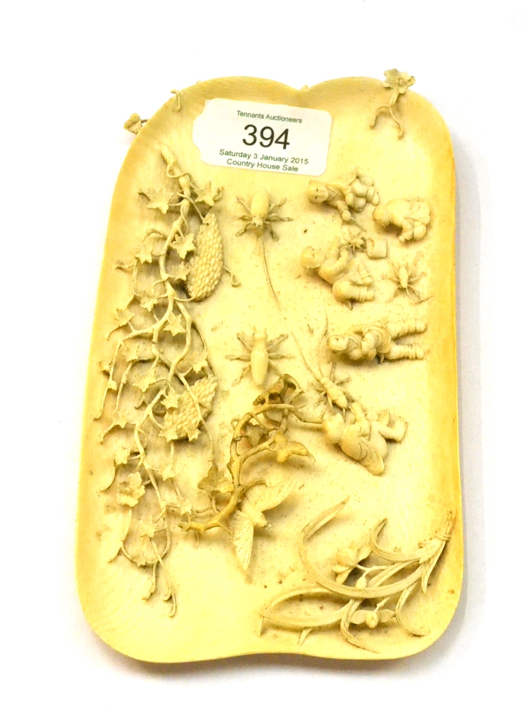 Late 19th century Chinese ivory plaque carved with figures and insects (a.f.), 18cm wide - Image 2 of 11
