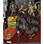 ^ Pair of bronze horses on mahogany plinth bases, pair of brass ornaments, onyx ashtray and dish,