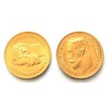 Russia, 2 x Gold 5 Roubles, both 1900 EF