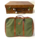 Tan Leather Suitcase with brass fittings, initialled HW, 60cm by 22cm by 38cm; Large Green Canvas