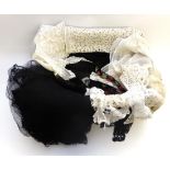 Assorted Black Machine Lace including a stole, bonnet veils, collars, flounces, sequin and bead