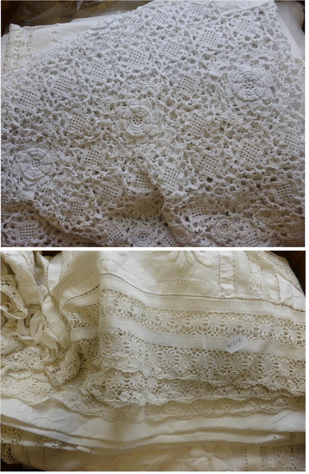 Assorted White Linen Sheets, cloths, embroidered and crochet textiles etc (two boxes)