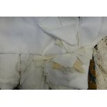 Assorted White Table and Bed Linen including a damask cloth dated 1874, table mats, runners,