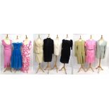 Assorted Modern Costume including a Ghost pink bias cut dress with shaped hem (size L); Donald