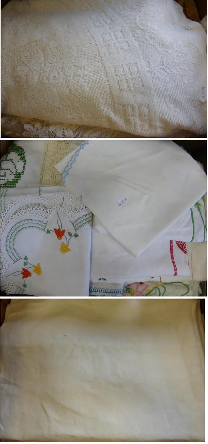 Assorted Linen and Textiles, embroidered cloths, table cloths etc (three boxes)